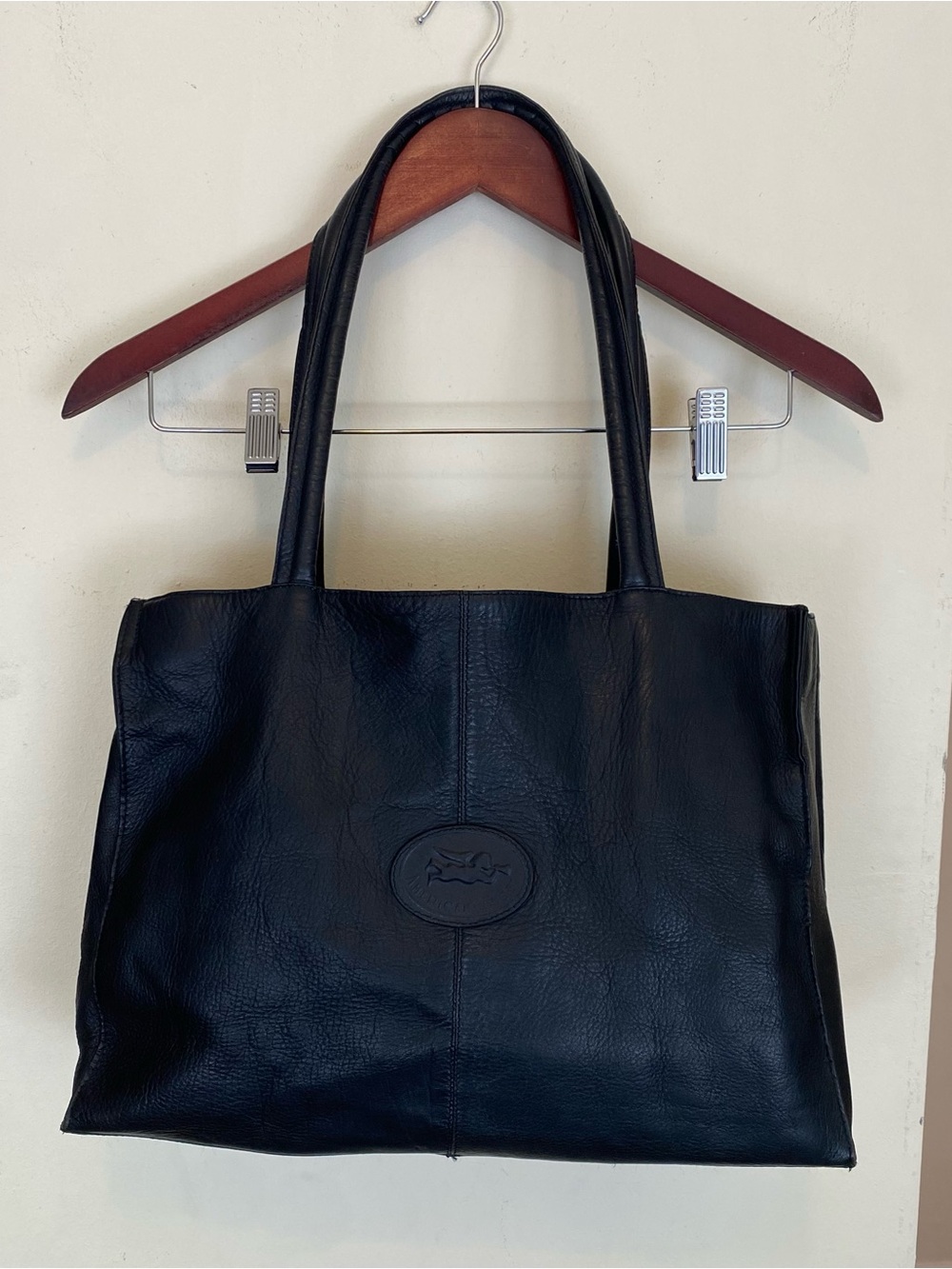Vintage American Angel Black Leather Tote Bag Shoulder Purse 80s 90s